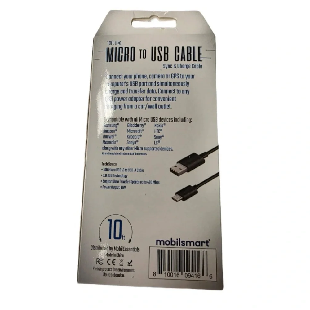 Mobilsmart MICRO TO USB CABLE SYNC AND CHARGE 10’ black